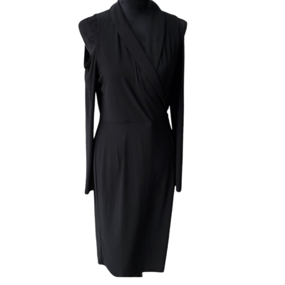 Iman Dress Womens size Medium black midi cold shoulder longsleeve NEW NWT